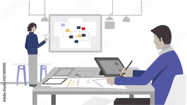 Obraz Two people in an office setting, one presenting a chart while the other works at a desk with a tablet