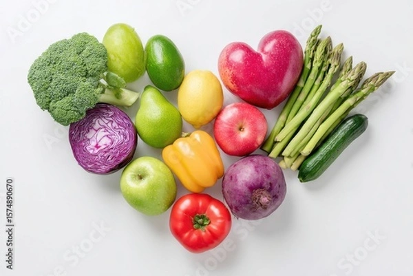 Obraz Colorful fruits and vegetables forming a heart shape promoting healthy eating habits