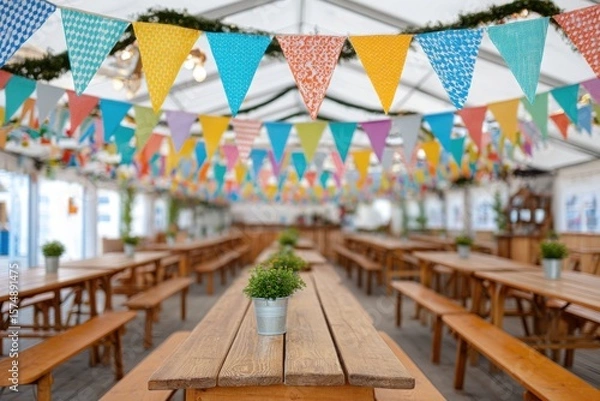 Obraz Festive beer hall interior with colorful bunting, wooden tables, and potted plants, creating a vibrant atmosphere for celebration and social gatherings