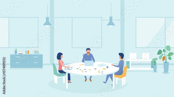 Fototapeta Illustration of three people sitting around a table in a meeting room with a laptop and papers, working together