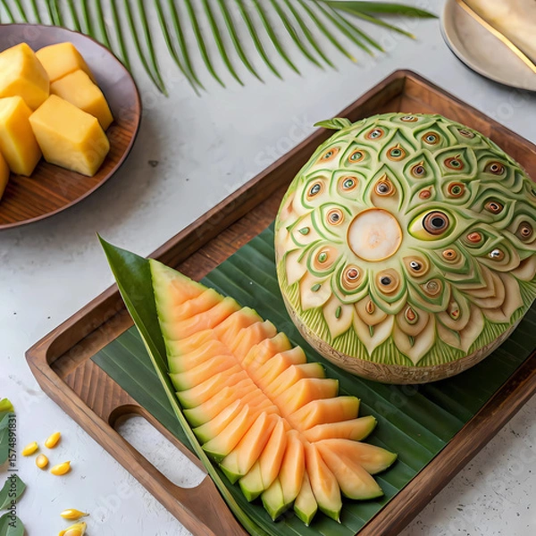 Fototapeta A beautifully carved cantaloupe resembling a peacock pattern, placed on a wooden tray lined with banana leaves, next to sliced fruit.