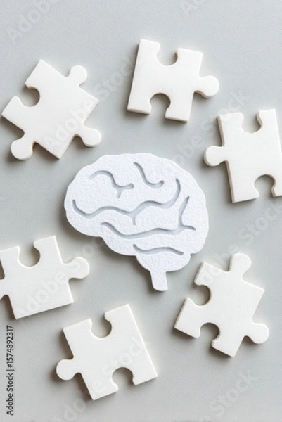 Obraz White jigsaw puzzle pieces surrounding paper brain on gray background