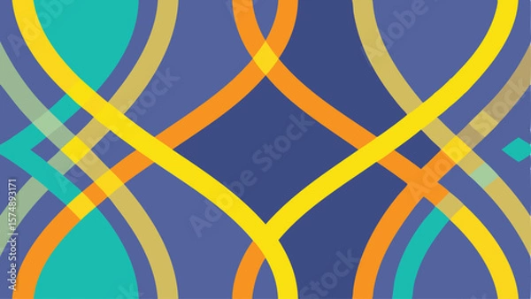 Fototapeta Abstract background featuring intersecting curved lines in yellow orange and teal against a blue backdrop design