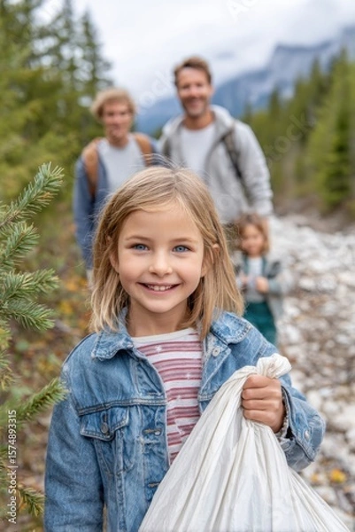 Obraz Young girl smiling while holding a trash bag, with family members in the background, participating in World Cleanup Day, promoting environmental awareness and community involvement