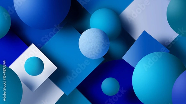Fototapeta Abstract 3D illustration of blue spheres and cubes creating a geometric pattern on a dark background.
