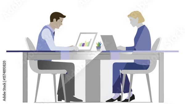 Fototapeta Two people sitting at a desk working on laptops with charts and graphs displayed on the screens at work