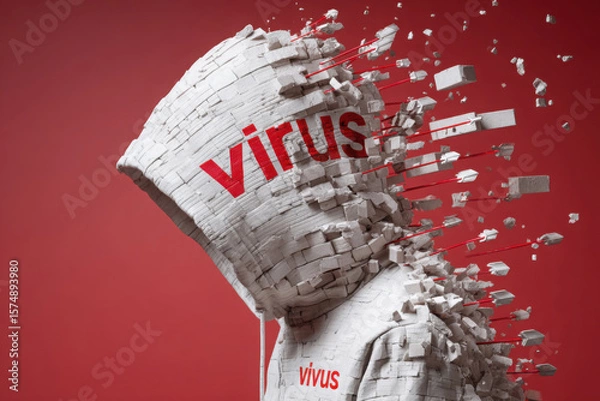 Fototapeta Person in white hoodie disintegrating into blocks with virus text and red arrows on red background symbolizing danger and destruction