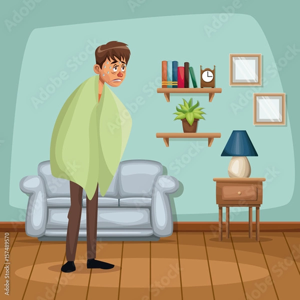 Fototapeta background living room home with fever sickness people vector illustration