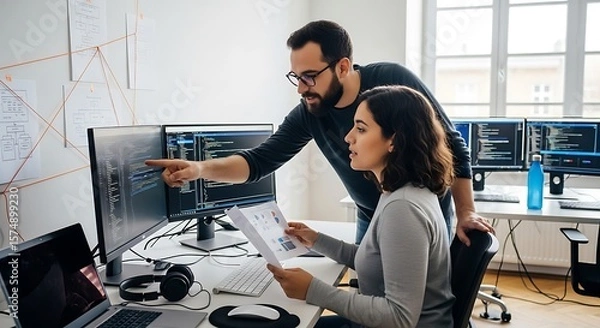 Obraz Two software engineers collaborating on code in modern office