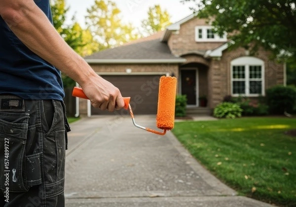 Obraz Painter holding an orange roller in front of a house ready to start painting the driveway surface