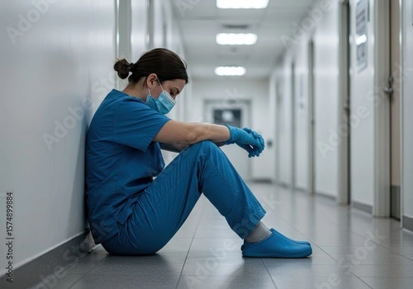 Obraz Healthcare worker in scrubs sitting on floor in hospital hallway with a face mask and blue gloves
