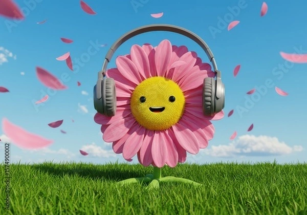 Obraz A cheerful flower with headphones standing on a green field under a bright sky with falling petals