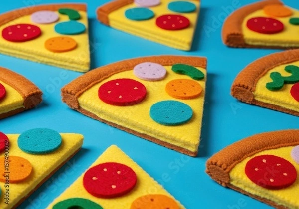 Obraz Felt pizza slices with colorful toppings arranged on a vibrant light blue surface in a playful manner