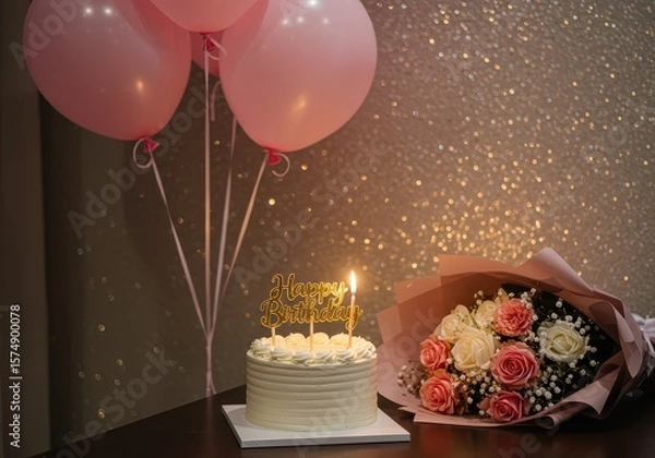 Obraz Celebration still life with cake balloons and flowers for a special occasion event party