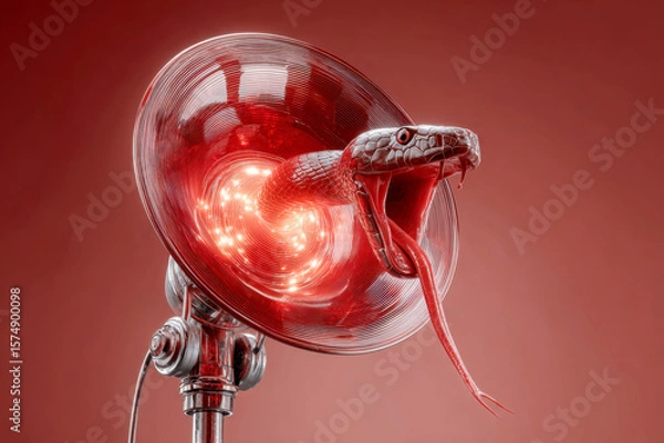 Fototapeta Snake emerging from glowing red loudspeaker with open mouth and fangs symbolizing danger aggression and media manipulation