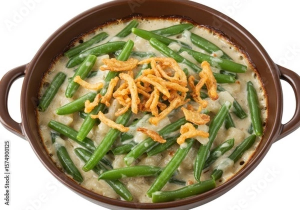Obraz Overhead view of green bean casserole with fried onions in a brown ceramic dish on white surface