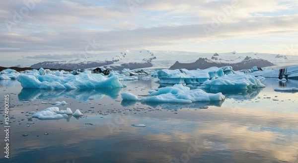 Obraz Icebergs floating in glacial lagoon with mountains and cloudy sky in the distance view of nature