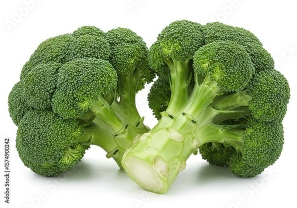 Obraz Close up of two broccoli florets with green buds and thick stalks on a bright white surface