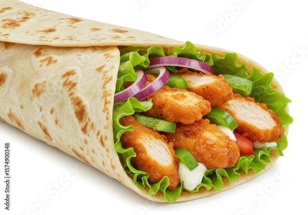 Obraz Close up of a wrap with fried chicken lettuce red onion and other fresh vegetables on a white surface