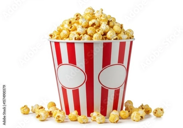 Obraz A bucket overflowing with popcorn and red and white stripes on a plain white surface showing food