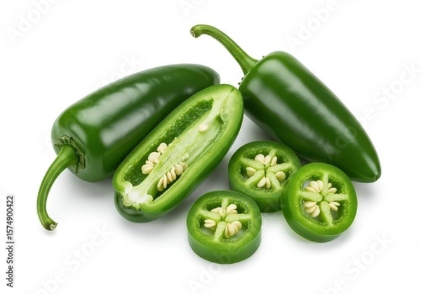 Obraz A close up view of several green jalapeno peppers, some whole and some sliced, on a light surface