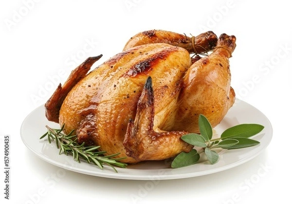 Obraz Roasted fowl on a white plate with rosemary and sage ready to be served for a delicious meal time