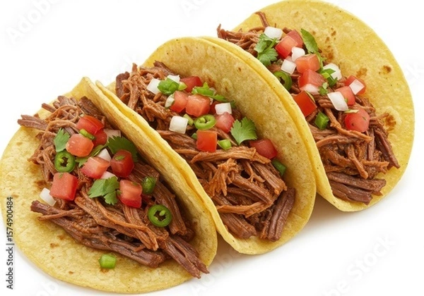 Obraz Three tacos filled with shredded meat and toppings arranged on a plain white surface view from above