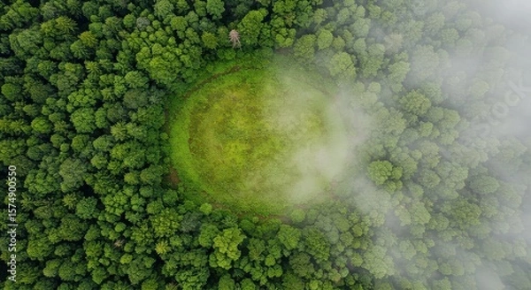 Obraz Aerial view of dense forest with grassy clearing and fog patches on the edge of the trees