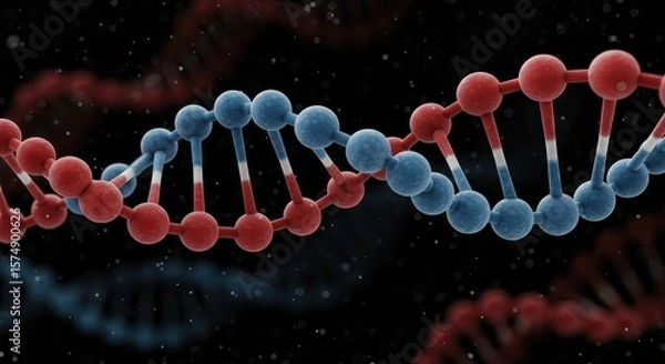 Obraz Dna structure model with alternating red and blue spheres connected by white rods in dark space
