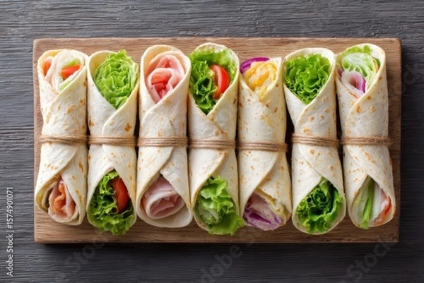 Obraz Freshly made wraps with assorted fillings including vegetables and meats, neatly arranged on a wooden board, showcasing vibrant colors and textures for a healthy meal option
