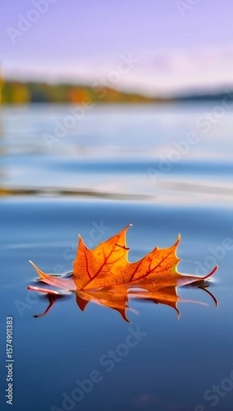 Obraz Autumn leaf floating on water surface scenic view fall season nature photography lake