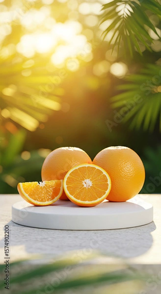 Fototapeta Fresh oranges and slices displayed on a white platform with a sunny, tropical background
