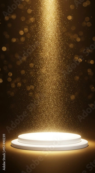 Fototapeta A white podium bathed in a golden spotlight with falling glitter and bokeh lights