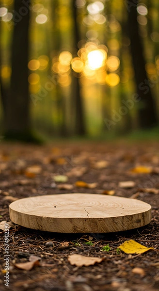 Fototapeta A wooden slice serves as a platform on the forest floor amidst fallen autumn leaves and dappled sunlight