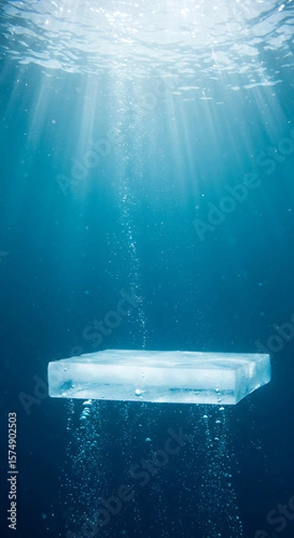 Fototapeta A block of ice floats underwater, illuminated by ethereal sunbeams and rising bubbles