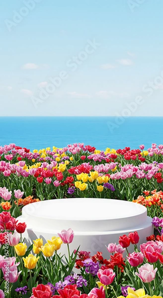 Fototapeta A white podium stands amidst a vibrant field of colorful tulips under a clear blue sky