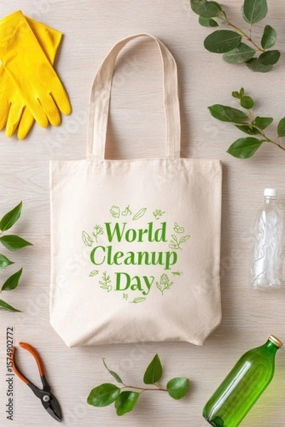Obraz Eco-friendly tote bag featuring World Cleanup Day design, surrounded by gardening tools, gloves, and recyclable materials, promoting environmental awareness and community action