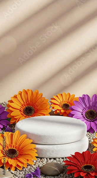 Fototapeta A white podium surrounded by vibrant gerbera daisies and pebbles, bathed in soft light and shadow