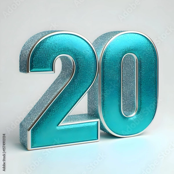 Fototapeta A 3D number 20 in bright turquoise with glittery finish and silver metallic edges, clean white background, photorealistic style