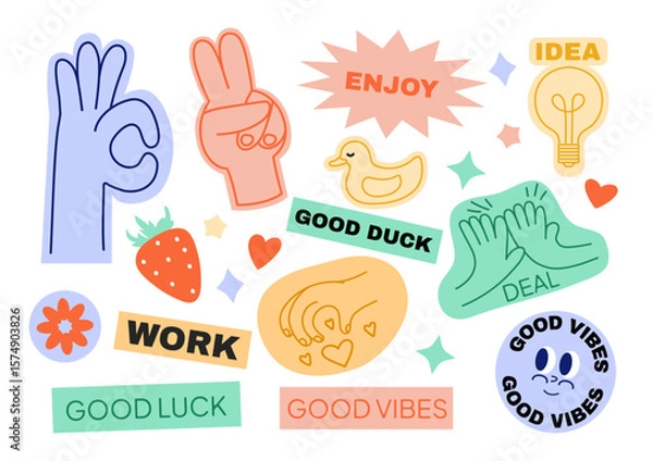 Fototapeta Groovy sticker pack. Trendy retro vintage badges. Comic hands. Patches. Smiling characters. Bundle. Rave icons. Happy elements. Psychedelic. Stamps. Nostalgic emoji