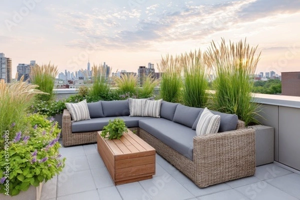 Obraz Modern rooftop garden featuring comfortable seating and overlooking New York City skyline