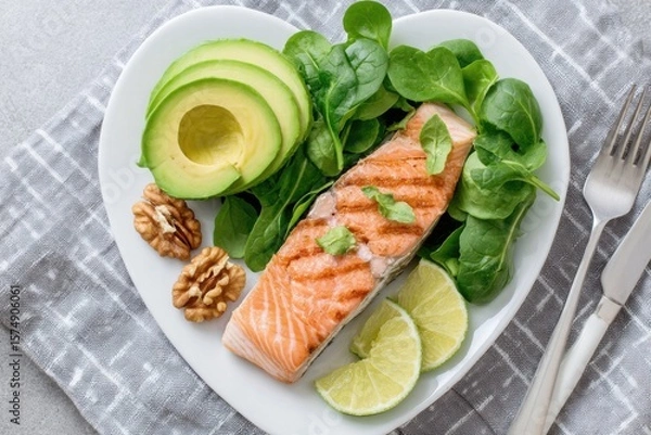 Obraz Heart-shaped plate containing grilled salmon, avocado, spinach, lime and walnuts composing a healthy meal
