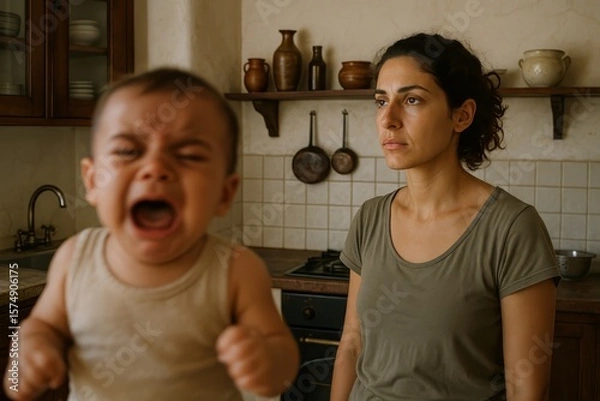 Obraz Distressed mother looks away while her blurred baby cries loudly in the foreground. This image captures the overwhelming reality of parenthood and stress. Postpartum depression.