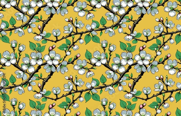 Fototapeta Bright seamless pattern with blooming sakura branches on bright yellow background for textile, branches of Japanese sakura with white flowers for fabric prints, web design