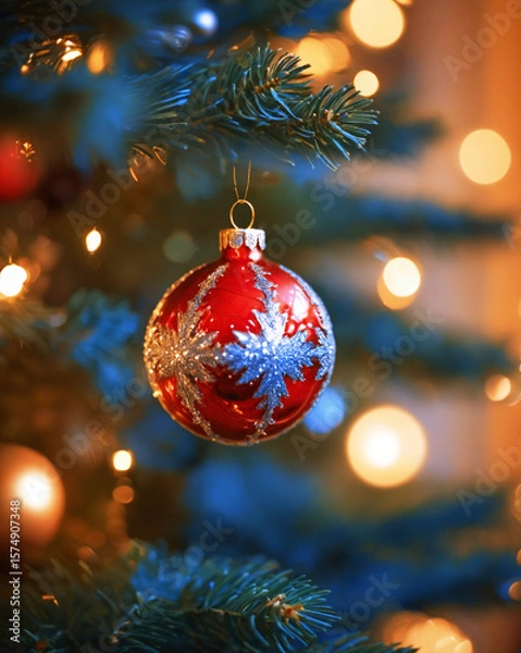 Fototapeta Red and silver Christmas tree ball hanging on a branch of a decorated fir tree. Close-up, decoration, festive fir branch, winter, new year