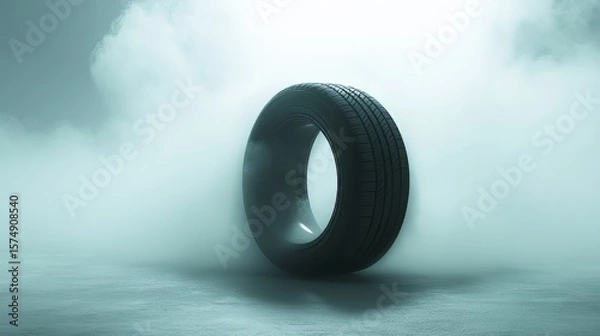 Obraz Abstract tire standing vertically in a smoky, atmospheric setting. Emphasizes modern design and technology in a creative way.