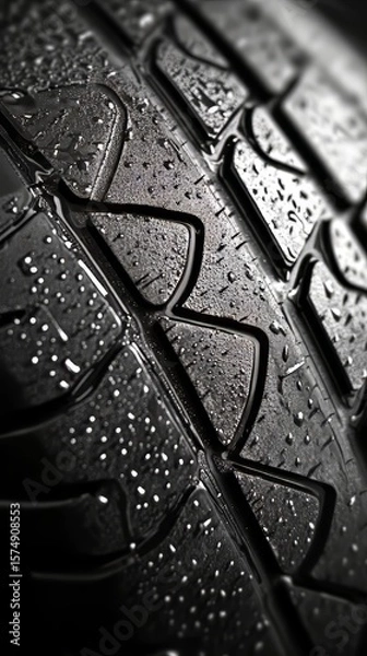 Obraz Close-up view of tire tread with glistening water drops. Shows texture and grip, symbolizing road safety.