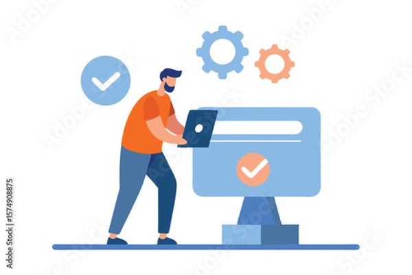 Obraz Man installing software update with progress indicators laptop computer