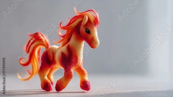 Obraz red fiery toy plush horse on the light background, copy space, handmade