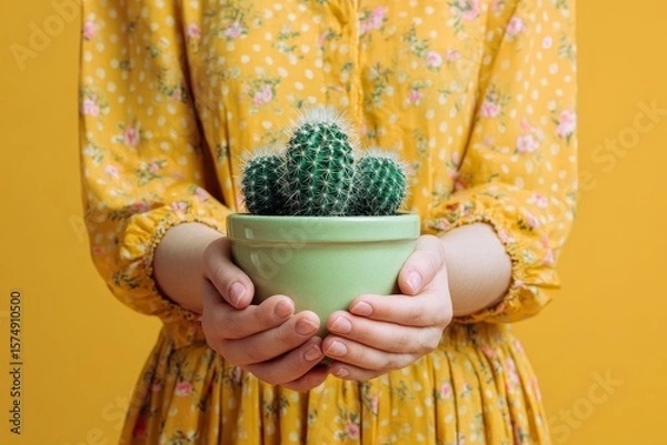 Obraz woman holding cactus in pot in hand on yellow background